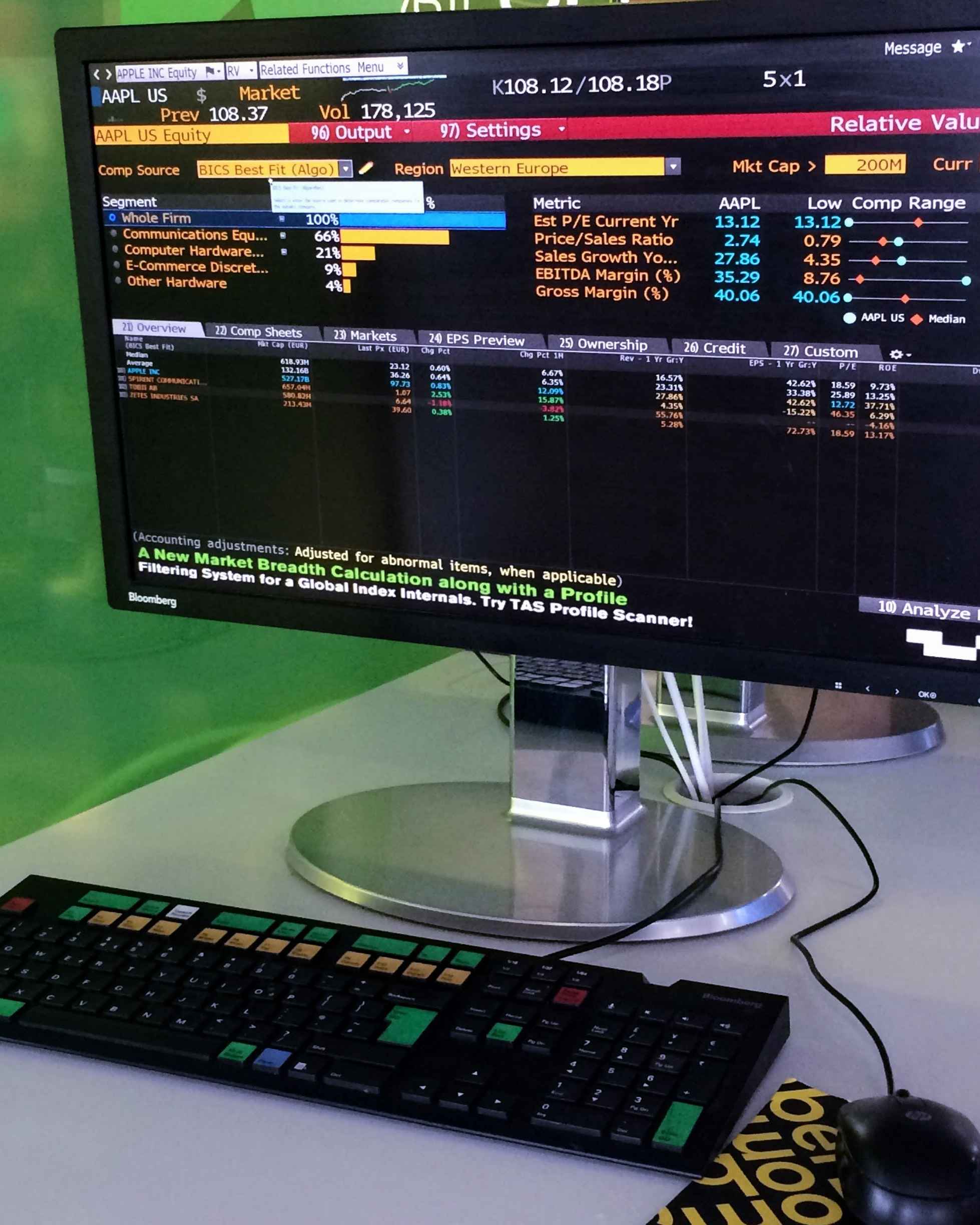Finanzdaten-Terminal mit Tastatur und Bildschirmen, die Markt- und Kursdaten anzeigen